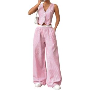 imageMilumia Womens 2 Pcs Outfits Striped V Neck Button Blazer Vest Pants TracksuitPink