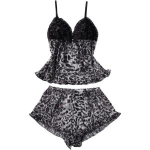 imageMilumia Womens 2 Piece Leopard Print Pajama Set Lace Mesh Cami Top Shorts PajamasBlack and White