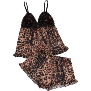 imageMilumia Womens 2 Piece Leopard Print Pajama Set Lace Mesh Cami Top Shorts PajamasBrown