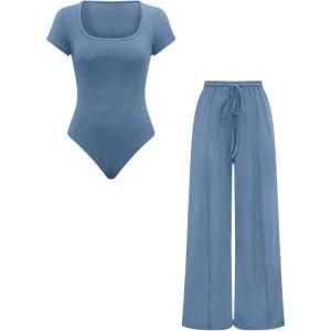 imageMilumia Womens 2 Piece Outfit Ribbed Square Neck Bodysuits Top and Pants Set Dusty Blue XLarge