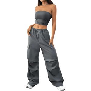 imageMilumia Womens 2 Piece Outfits Strapless Crop Tube Top and Wide Leg Cargo Pants