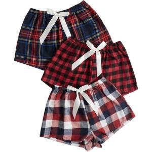 imageMilumia Womens 3 Pack Pajama Shorts Plaid Elastic Waist Pj Sleep ShortsRed and Dark Blue
