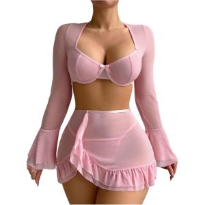 imageMilumia Womens 3 Piece Lingerie Set Sheer Long Sleeve Lace Bra Top V String Thong with SkirtLight Pink