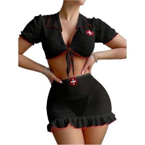 imageMilumia Womens 3 Piece Nurse Lingerie Set Sexy See Through Costume Outfit With ThongBlack and Red