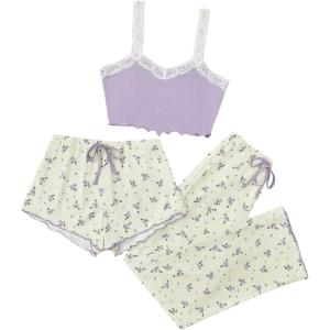 imageMilumia Womens 3 Piece Pajama Sets Floral Lace Cami Top and Shorts ampamp Pants Pj Sets LoungewearLilac Purple