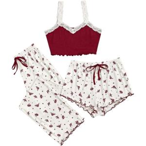 imageMilumia Womens 3 Piece Pajama Sets Floral Lace Cami Top and Shorts ampamp Pants Pj Sets LoungewearRed