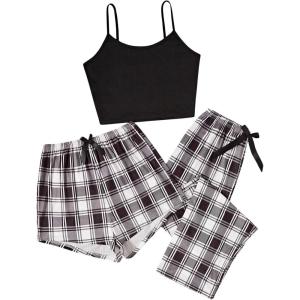 imageMilumia Womens 3 Pieces Pajamas Cami Top and Plaid Shorts Pants Pj Sets SleepwearBlack