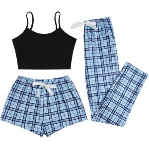 imageMilumia Womens 3 Pieces Pajamas Cami Top and Plaid Shorts Pants Pj Sets SleepwearBlue and Black