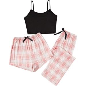 imageMilumia Womens 3 Pieces Pajamas Cami Top and Plaid Shorts Pants Pj Sets SleepwearPink