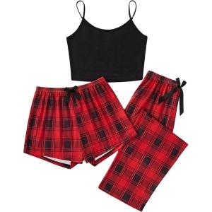 imageMilumia Womens 3 Pieces Pajamas Cami Top and Plaid Shorts Pants Pj Sets SleepwearRed