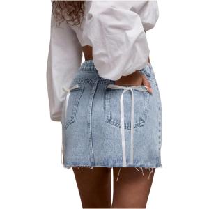 imageMilumia Womens Bow Back Raw Hem Denim Mini Skirt Low Waist Short Jean SkirtsLight Wash