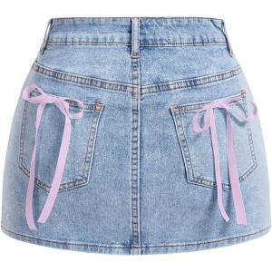 imageMilumia Womens Bow Knot High Waist Denim Skirt Bodycon Casual Jean SkirtsBlue and Pink