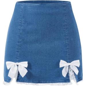imageMilumia Womens Bow Lace Trim Denim Mini Skirt Y2k Split Hem Short Jean SkirtsBlue