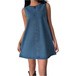 imageMilumia Womens Bow Tie Back Denim Sundress Crew Neck Sleeveless Flared Short DressesBlue