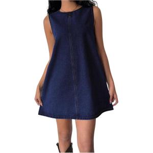 imageMilumia Womens Bow Tie Back Denim Sundress Crew Neck Sleeveless Flared Short DressesDark Wash