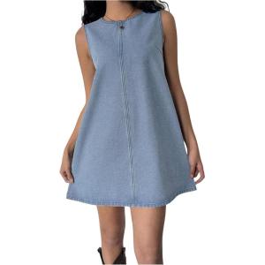 imageMilumia Womens Bow Tie Back Denim Sundress Crew Neck Sleeveless Flared Short DressesLight Wash