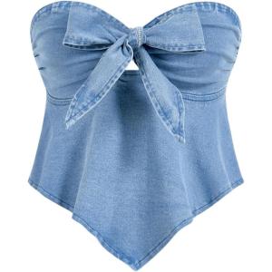 imageMilumia Womens Bow Tie Front Denim Tube Top Strapless Ruffle Hanky Hem Western Concert Crop TopsBlue