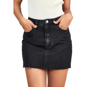 imageMilumia Womens Button Front Denim Mini Skirt Raw Hem Straight Short Skirt with PocketsFrayed Hem Black