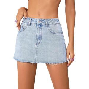 imageMilumia Womens Button Front Denim Mini Skirt Raw Hem Straight Short Skirt with PocketsSolid Light Blue