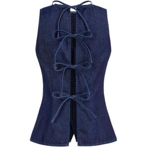 imageMilumia Womens Button Front Denim Vest Sleeveless Crew Neck Tie Back Tank TopsDeep Blue