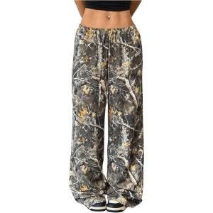 imageMilumia Womens Camo Print Wide Leg Pants Low Waist Drawstring Baggy Trousers Multicolor