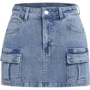 imageMilumia Womens Cargo Denim Skirt Straight Jean Mini Skirts with Flap Pocket Light Wash Medium