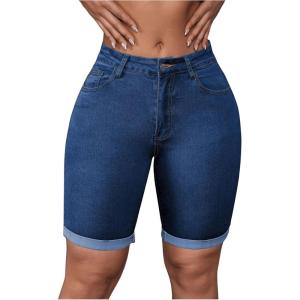 imageMilumia Womens Casual Denim Bermuda Shorts Mid Rise Skinny Jean ShortsBlue