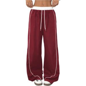 imageMilumia Womens Colorblock Drawstring Waisted Waisted Wide Leg Loose Track PantsBurgundy