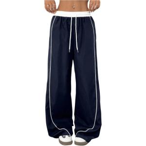 imageMilumia Womens Colorblock Drawstring Waisted Waisted Wide Leg Loose Track PantsDark Blue