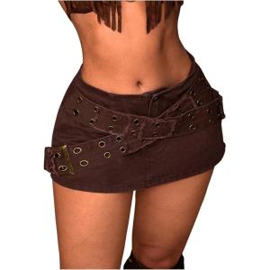imageMilumia Womens Criss Cross Mini Denim Skirt Y2k Low Waist Jean SkirtsCoffee Brown