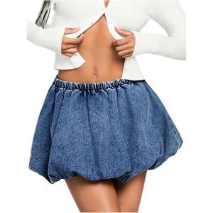 imageMilumia Womens Denim Bubble Mini Skirt Y2k Low Waist Ruffle Flared Jean SkirtsBlue
