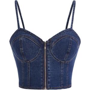 imageMilumia Womens Denim Bustier Crop Top Zip Front Spaghetti Strap Jean Cami Tank TopsDeep Blue