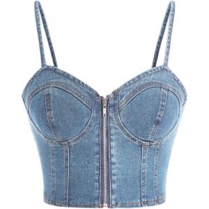 imageMilumia Womens Denim Bustier Crop Top Zip Front Spaghetti Strap Jean Cami Tank TopsMedium Wash
