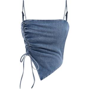 imageMilumia Womens Denim Drawstring Side Ruched Top Spaghetti Strap Asymmetrical Hem Cami TopsBlue