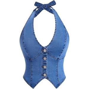 imageMilumia Womens Denim Halter Top Tie Backless Button Front Slim Fit Vests Medium Wash Large