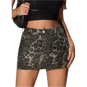 imageMilumia Womens Denim Leopard Print Short Skirt Bodycon Low Waist Mini SkirtsArmy Green