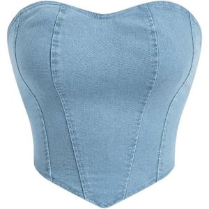 imageMilumia Womens Denim Tube Top Zipper Back Hanky Strapless Bandeau Jean Crop TopLight Blue