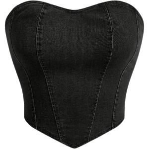 imageMilumia Womens Denim Tube Top Zipper Back Hanky Strapless Bandeau Jean Crop TopSolid Black