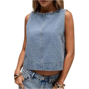 imageMilumia Womens Denim Vest Tank Top Sleeveless Round Neck Loose Fit Casual Jean Vests StreetwearLight Wash