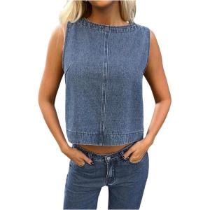 imageMilumia Womens Denim Vest Tank Top Sleeveless Round Neck Loose Fit Casual Jean Vests StreetwearWash Blue