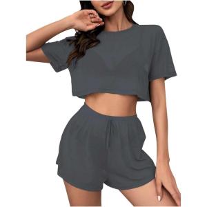 imageMilumia Womens Drop Sleeve 2 Piece Mesh Outfit Crop Top and Shorts Lounge SetDark Grey