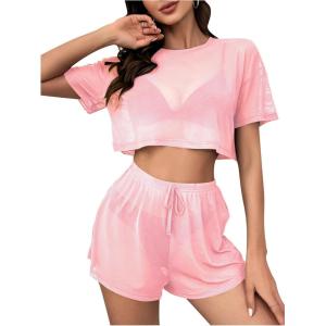 imageMilumia Womens Drop Sleeve 2 Piece Mesh Outfit Crop Top and Shorts Lounge SetPink