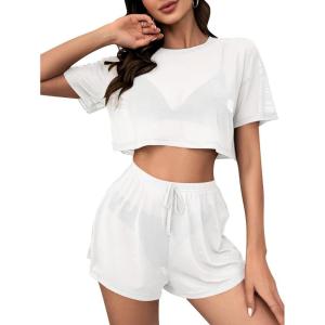 imageMilumia Womens Drop Sleeve 2 Piece Mesh Outfit Crop Top and Shorts Lounge SetWhite