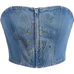 imageMilumia Womens Embroidery Denim Tube Top Zip Front Strapless Sleeveless Bandeau Crop Tops