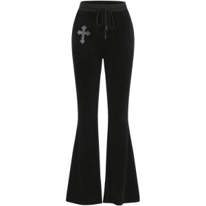 imageMilumia Womens Goth Vintage Graphic Print Velvet Bell Bottom Pants Y2K Flared Leg LeggingsBlack