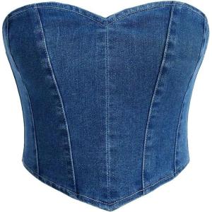 imageMilumia Womens Hanky Hem Denim Tube Top Zipper Back Strapless Corset Crop Tops Medium Blue Large