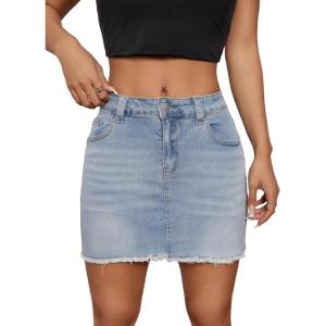 imageMilumia Womens High Waist Bodycon Denim Mini Skirt Y2K Raw Hem Jean SkirtA Light Blue