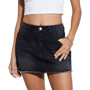 imageMilumia Womens High Waist Bodycon Denim Mini Skirt Y2K Raw Hem Jean SkirtBlack