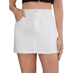 imageMilumia Womens High Waist Bodycon Denim Mini Skirt Y2K Raw Hem Jean SkirtWhite Solid