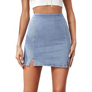 imageMilumia Womens High Waisted Slit Hem Bodycon Denim Skirt Zip Back Mini Skirt Light Blue XXLarge